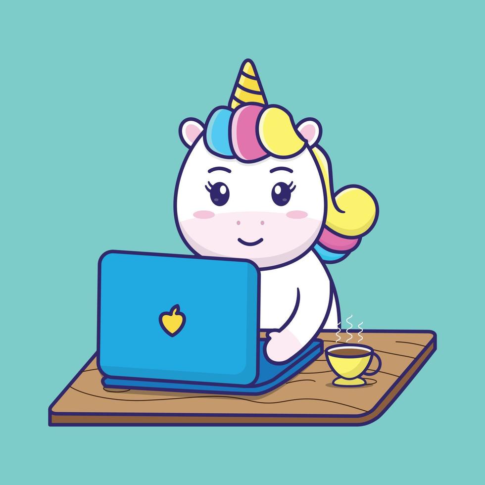 cute unicorn is doing homework in front of the laptop, suitable for children's books, birthday cards, valentine's day, stickers, book covers, greeting cards, printing. vector