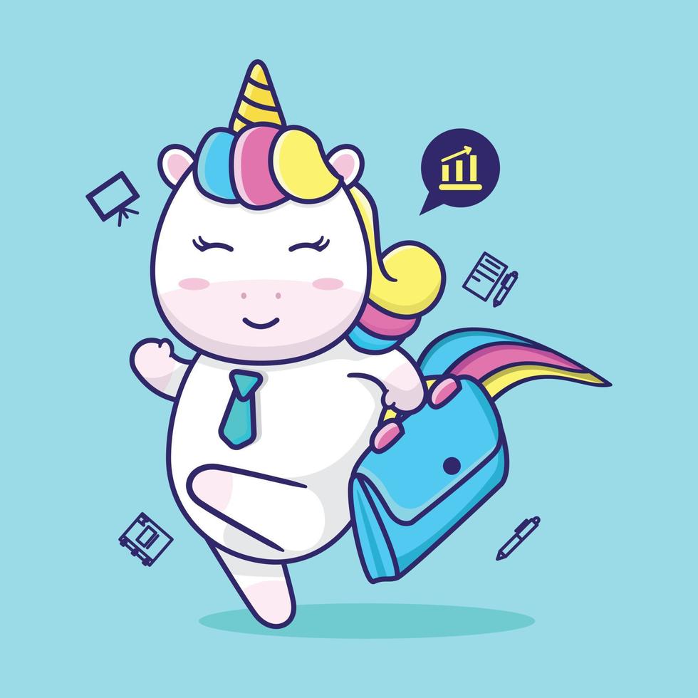lindo unicornio va a trabajar, adecuado para libros infantiles, tarjetas de cumpleaños, día de san valentín, pegatinas, portadas de libros, tarjetas de felicitación, impresión. vector