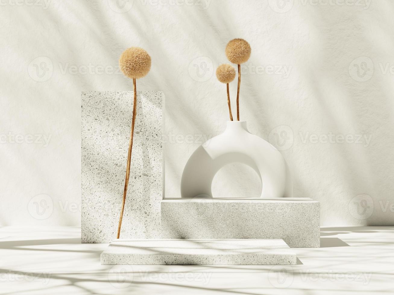 3d minimal white marble display podium with jar and dried plant against white background. 3d rendering of realistic presentation for product advertising. 3d minimal illustration. selective focus. photo