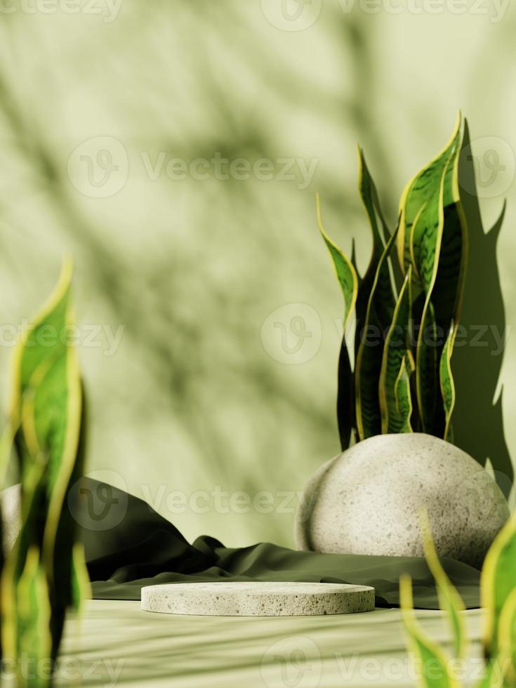 Podio de visualización de hormigón 3d con piedra y planta verde sobre fondo verde. Representación 3D de presentación realista para publicidad de productos. Ilustración mínima 3d. enfoque selectivo. foto