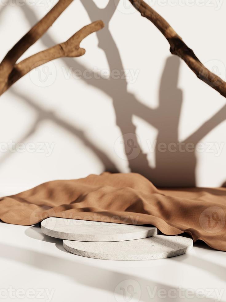 3d minimal white concrete display podiums with brown fabric and tree branches against white background. 3d rendering of realistic presentation for product advertising. 3d minimal illustration. photo