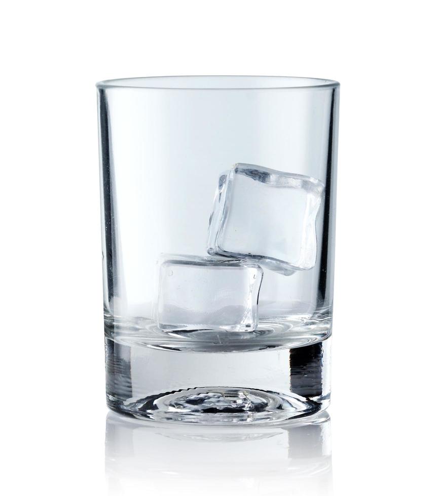 Ice cubes in empty glass on white background. Glass of water or whiskey and wine. Empty glass for alcoholic beverages photo