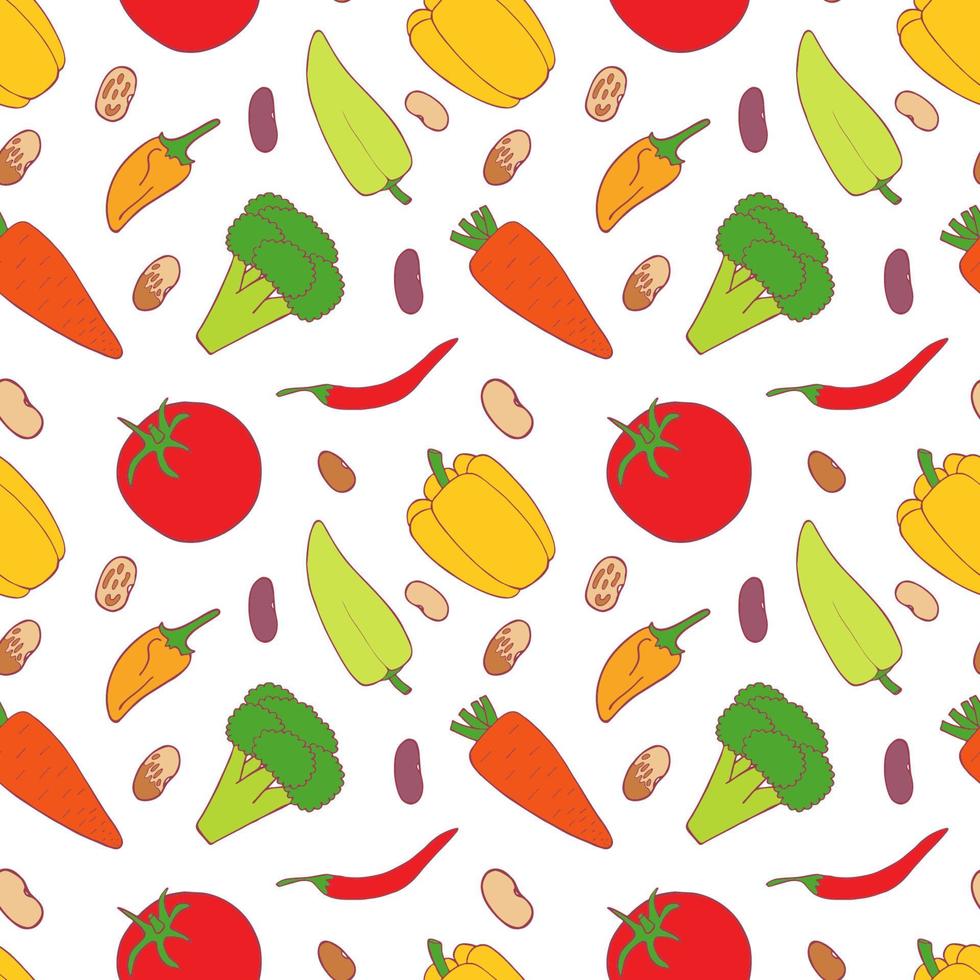 patrón vegetal sin fisuras para el diseño de papel tapiz. pimienta, brócoli, zanahoria, frijoles, tomate. vegetales orgánicos saludables. comida cruda, vegana, vegetariana. diseño de garabatos vectoriales vector