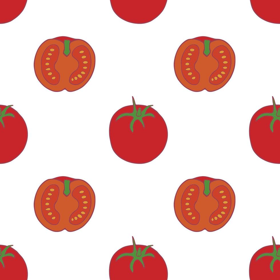 Tomato seamless pattern for wallpaper design. Fresh ripe color food. Organic healthy vegetable.  Raw, vegan, vegetarian food. Cartoon pattern on white backdrop. Vector doodle design.