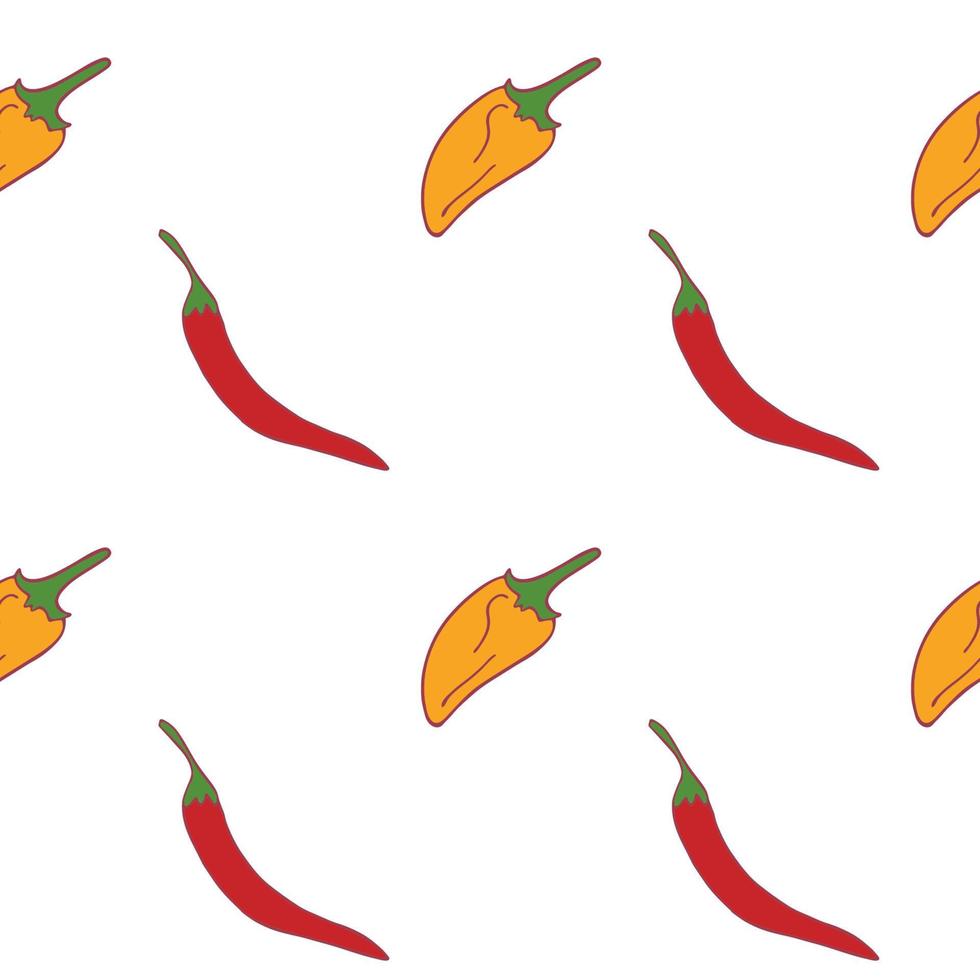 Peppers seamless pattern for wallpaper design.Two kid of pepper. Fresh ripe color food. Organic healthy vegetable.  food. Cartoon pattern on white backdrop. Vector doodle design.