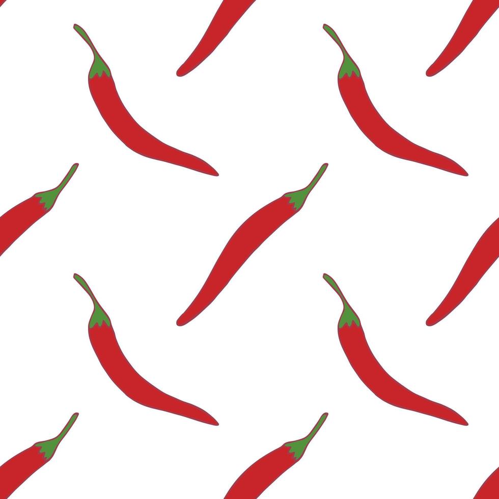 Hot red pepper seamless pattern for wallpaper design. Fresh ripe color food. Organic healthy vegetable.  Raw, vegan, vegetarian food. Cartoon pattern on white backdrop. Vector doodle design.