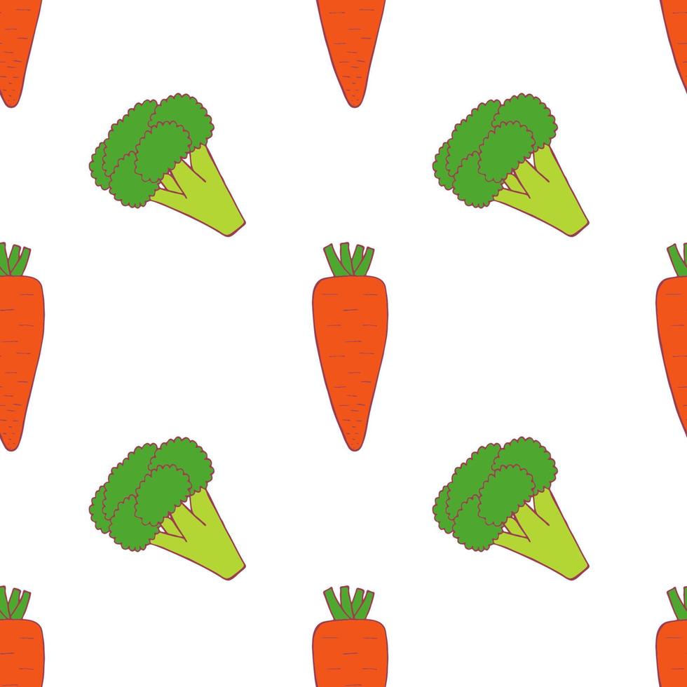 Carrot and broccoli  seamless pattern for wallpaper design. Fresh ripe color food. Organic healthy vegetable.  Raw, vegan, vegetarian food. Cartoon pattern on white backdrop. Vector doodle design.