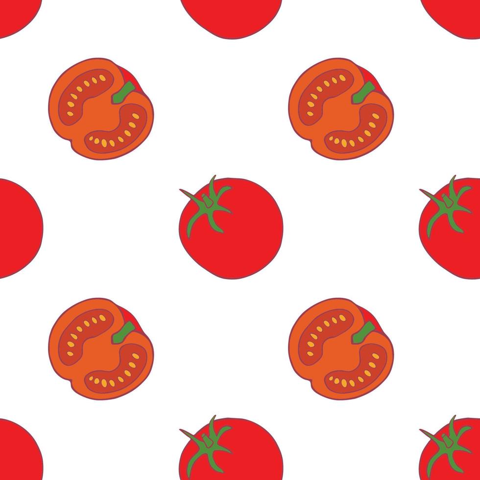 Tomato seamless pattern for wallpaper design. Fresh ripe color food. Organic healthy vegetable.  Raw, vegan, vegetarian food. Cartoon pattern on white backdrop. Vector doodle design.