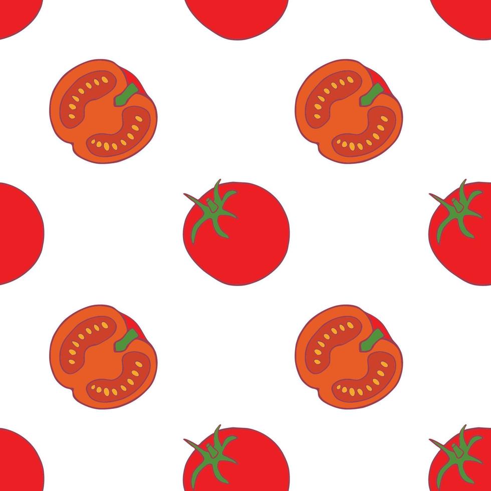 Tomato seamless pattern for wallpaper design. Fresh ripe color food. Organic healthy vegetable.  Raw, vegan, vegetarian food. Cartoon pattern on white backdrop. Vector doodle design.