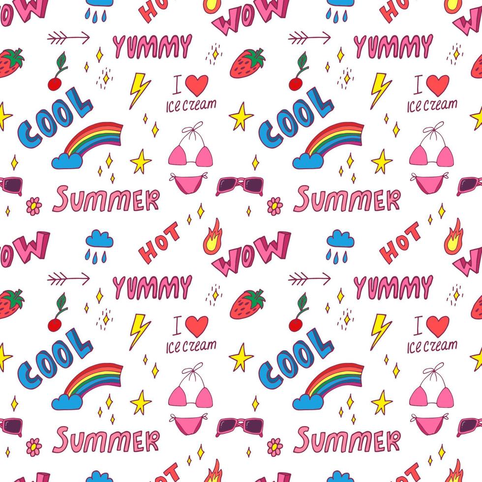 Summer pop art seamless pattern in cartoon style with decoration element such strawberry, rainbow, bikini, sunglasses, icecream etc. on white background. Seamless vector texture.