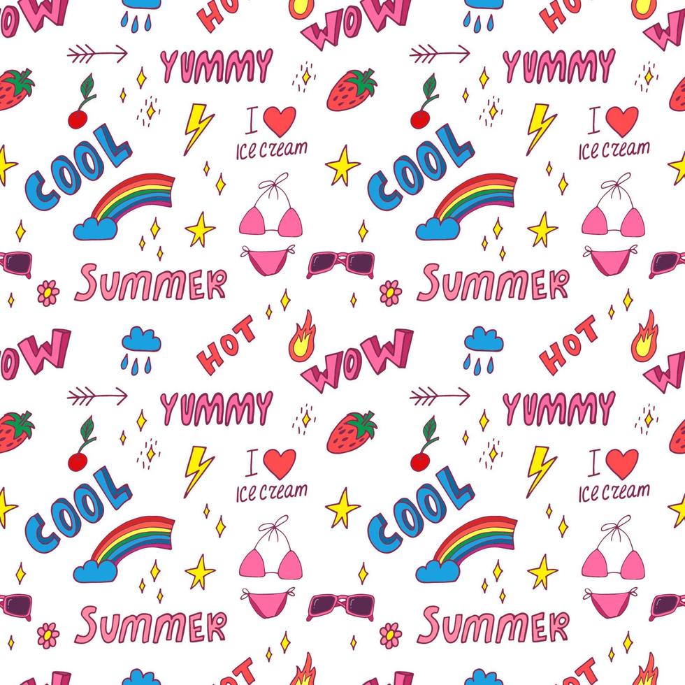 Summer pop art seamless pattern in cartoon style with decoration element such strawberry, rainbow, bikini, sunglasses, icecream etc. on white background. Seamless vector texture.