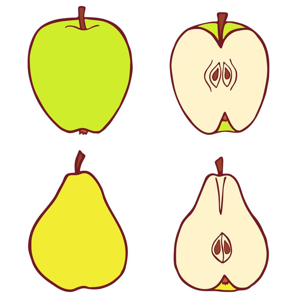 manzana y pera de dibujos animados de arte de línea dibujada a mano. ilustración plana vectorial aislada. vector