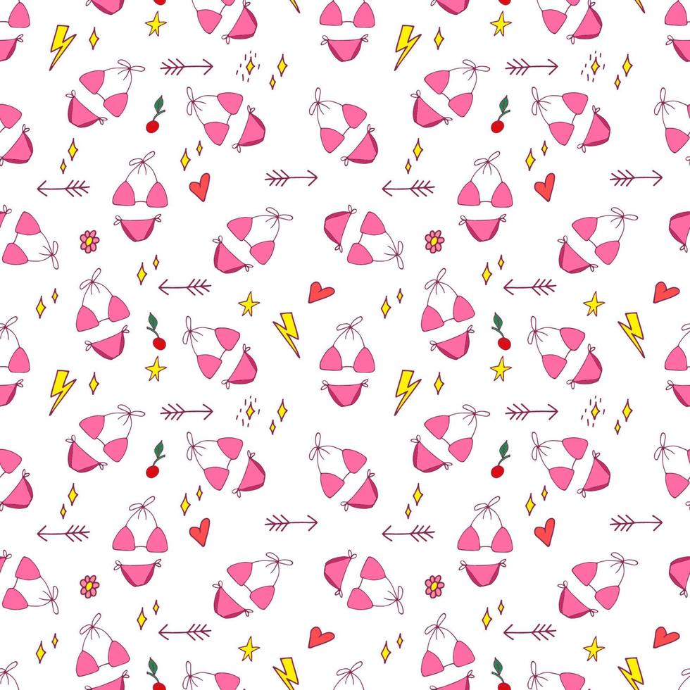 Summer pop art seamless pattern in cartoon style with decoration element such strawberry, rainbow, bikini, sunglasses, icecream etc. on white background. Seamless vector texture.