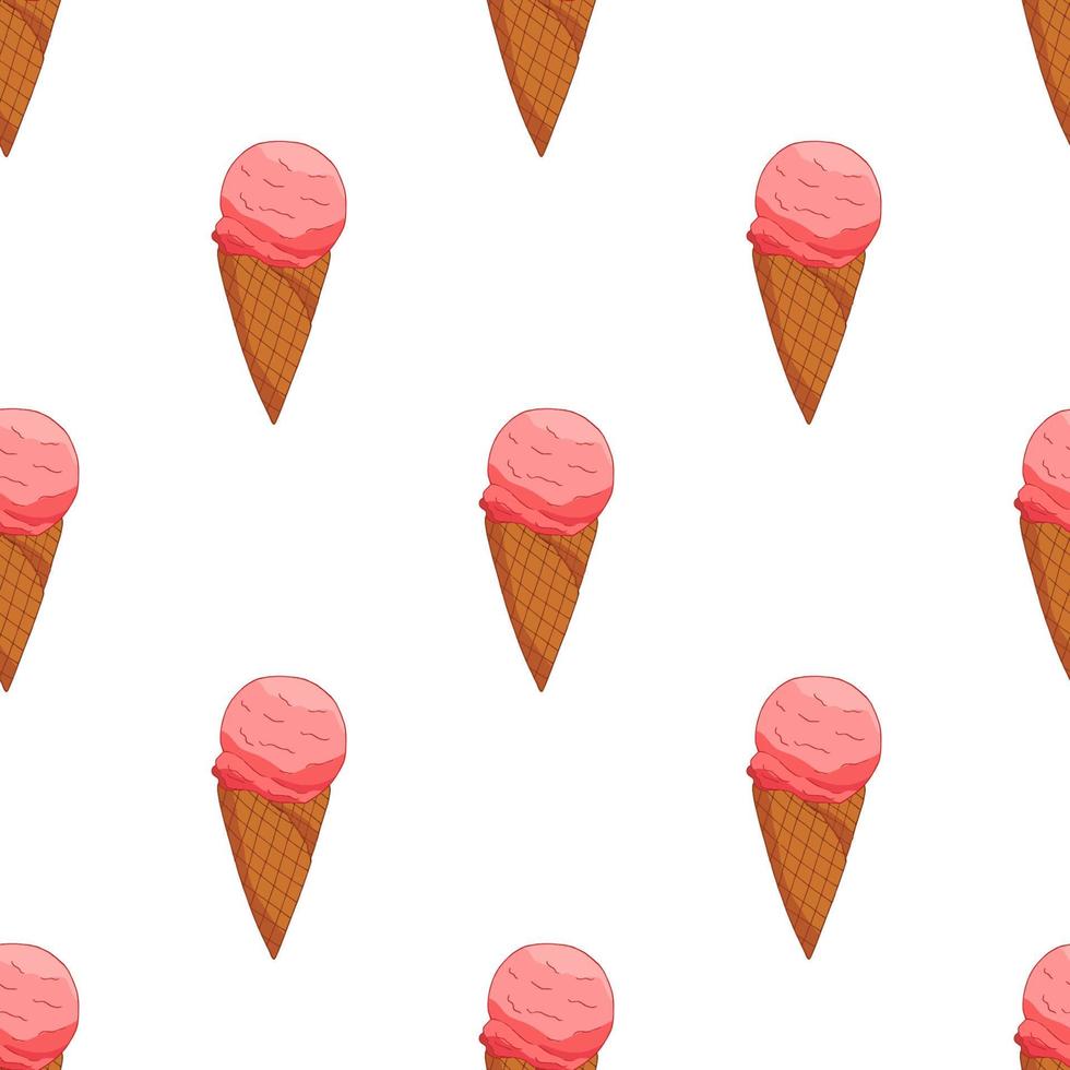Pink strawberry Ice cream seamless pattern. Summer card design. Vector cartoon illustration.