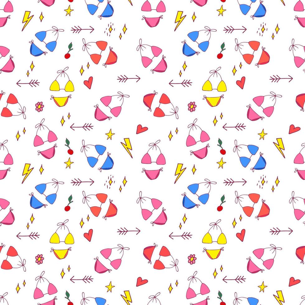 Summer pop art seamless pattern in cartoon style with decoration element such strawberry, rainbow, bikini, sunglasses, icecream etc. on white background. Seamless vector texture.