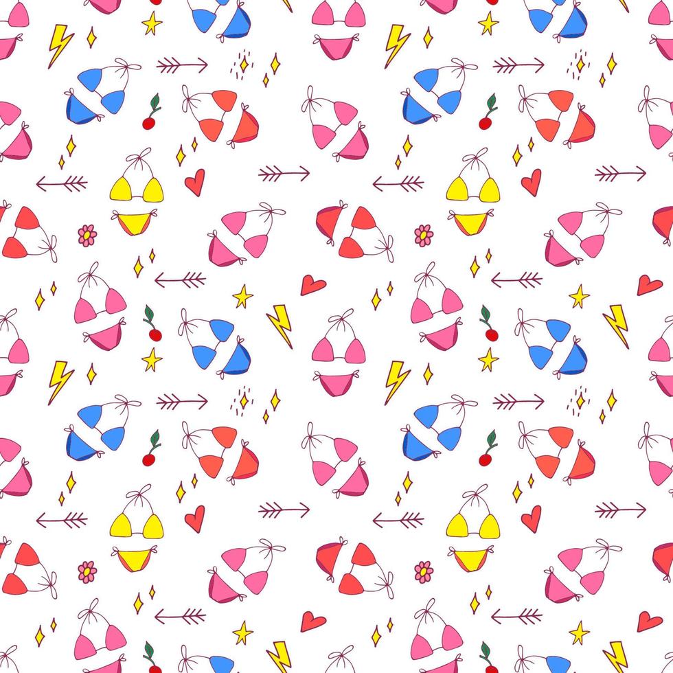 Summer pop art seamless pattern in cartoon style with decoration element such strawberry, rainbow, bikini, sunglasses, icecream etc. on white background. Seamless vector texture.