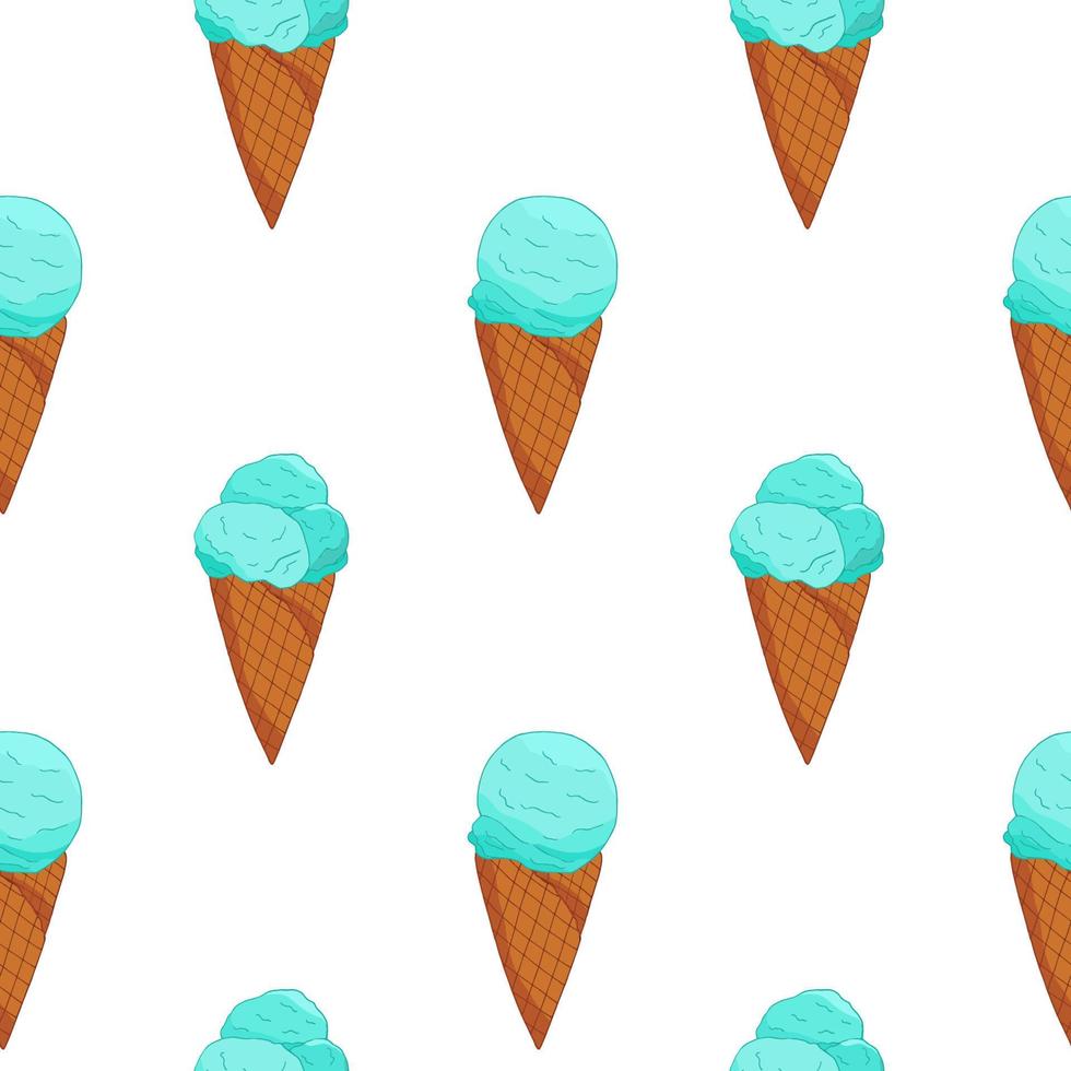 Blue  Ice cream in cone waffle seamless pattern. Summer card design. Vector cartoon illustration.