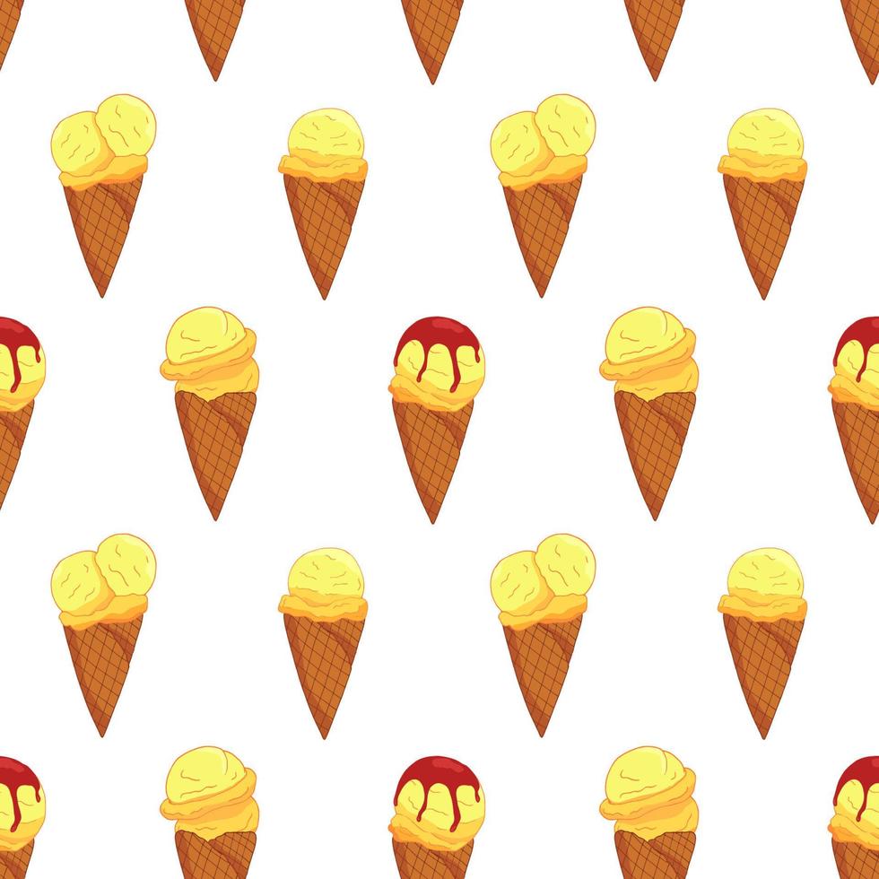 Colorful lemon cone ice cream pattern on white background. Summer card design. Vector cartoon illustration.