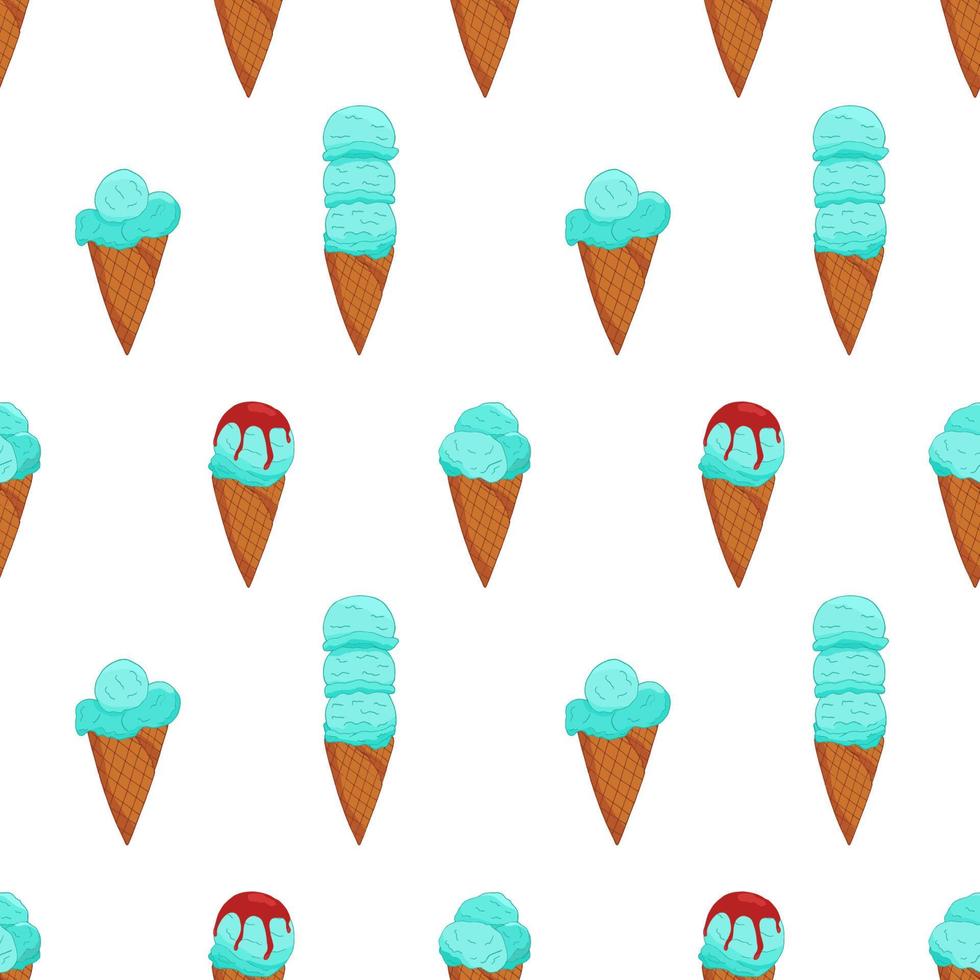 Colorful blue ice cream pattern on white background. Summer card design. Vector cartoon illustration.