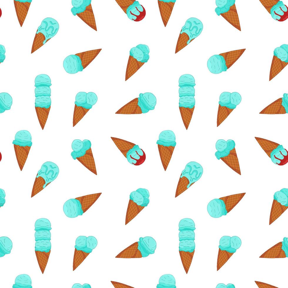 Colorful blue ice cream pattern on white background. Summer card design. Vector cartoon illustration.