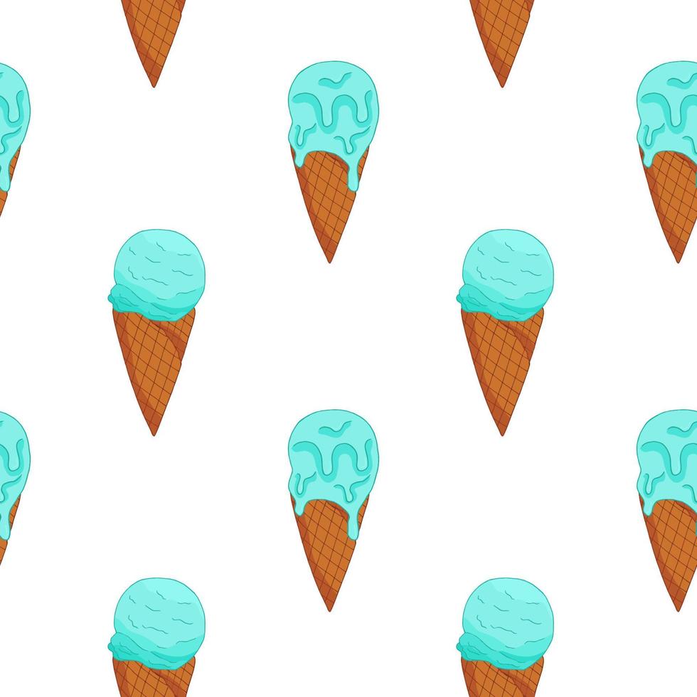 Blue  Ice cream in cone waffle seamless pattern. Summer card design. Vector cartoon illustration.