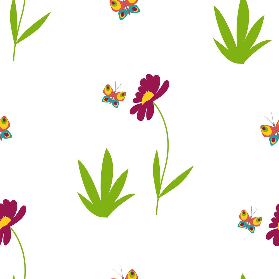 Flowers and butterflies, daisies spring nature seamless pattern. Gerberas. Vector illustration.