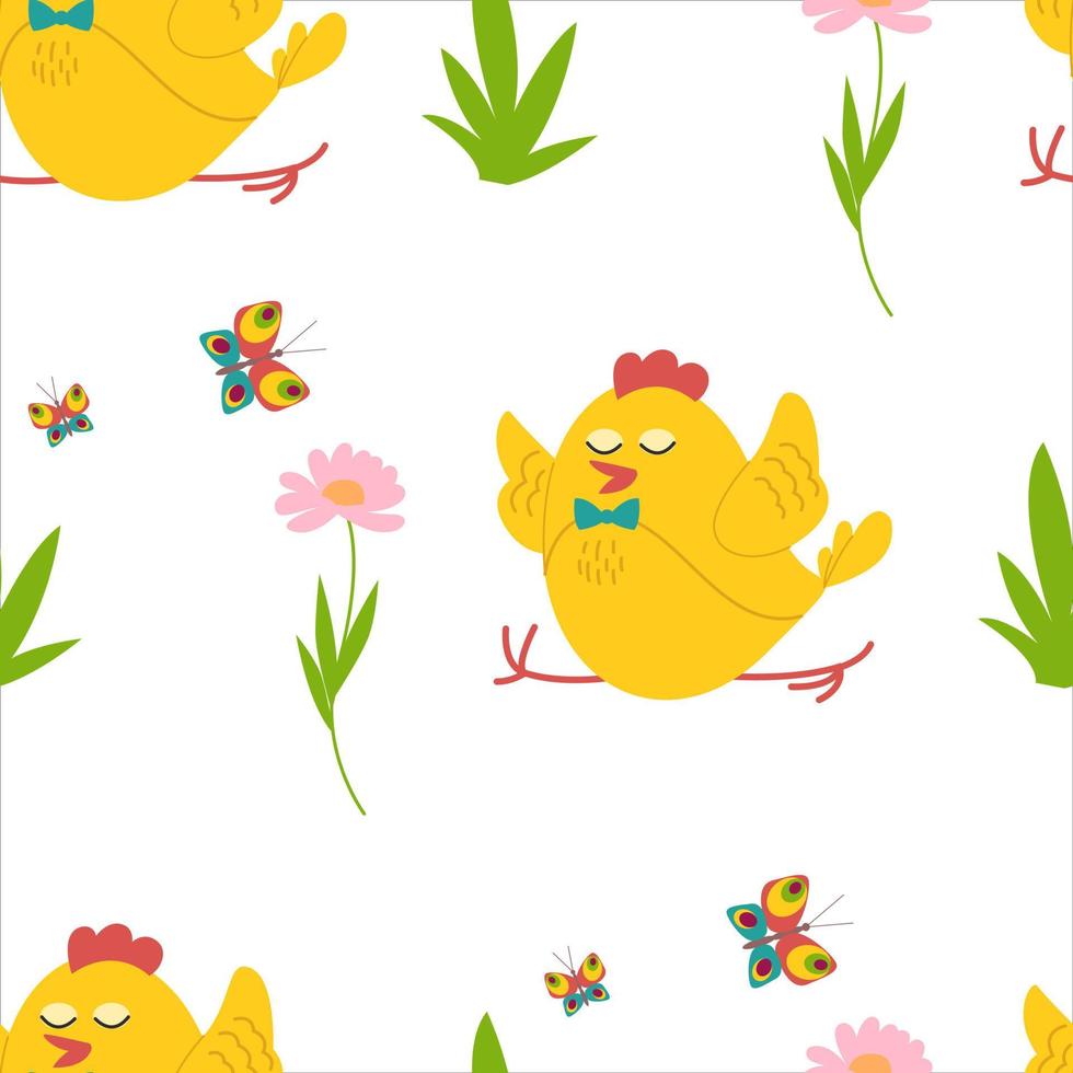Cute yellow chicks in different poses seamless pattern, birds and flowers, butterflies. Vector illustration.