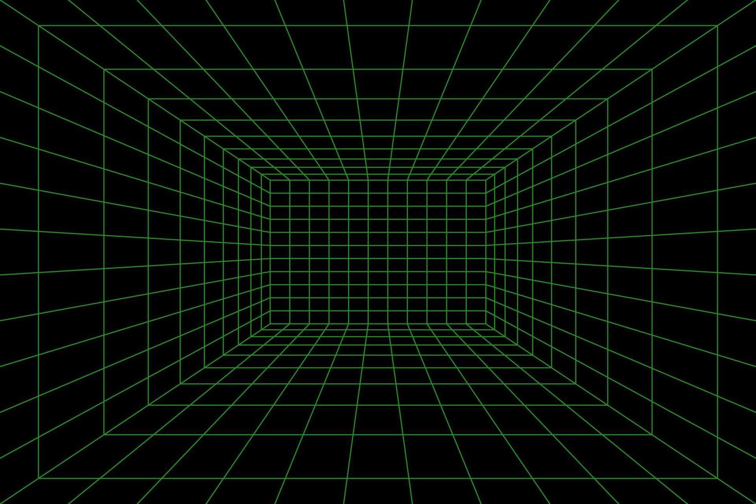 Grid room in perspective, vector illustration in 3d style. Indoor wireframe from green laser beam, template interior square, digital empty box. Abstract geometric design background