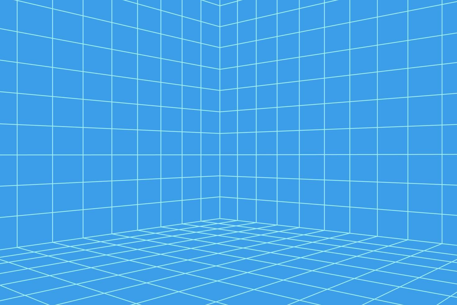Grid room in perspective, vector illustration in 3d style. Indoor wireframe from blue lines, template interior square, digital empty box. Minimal background design
