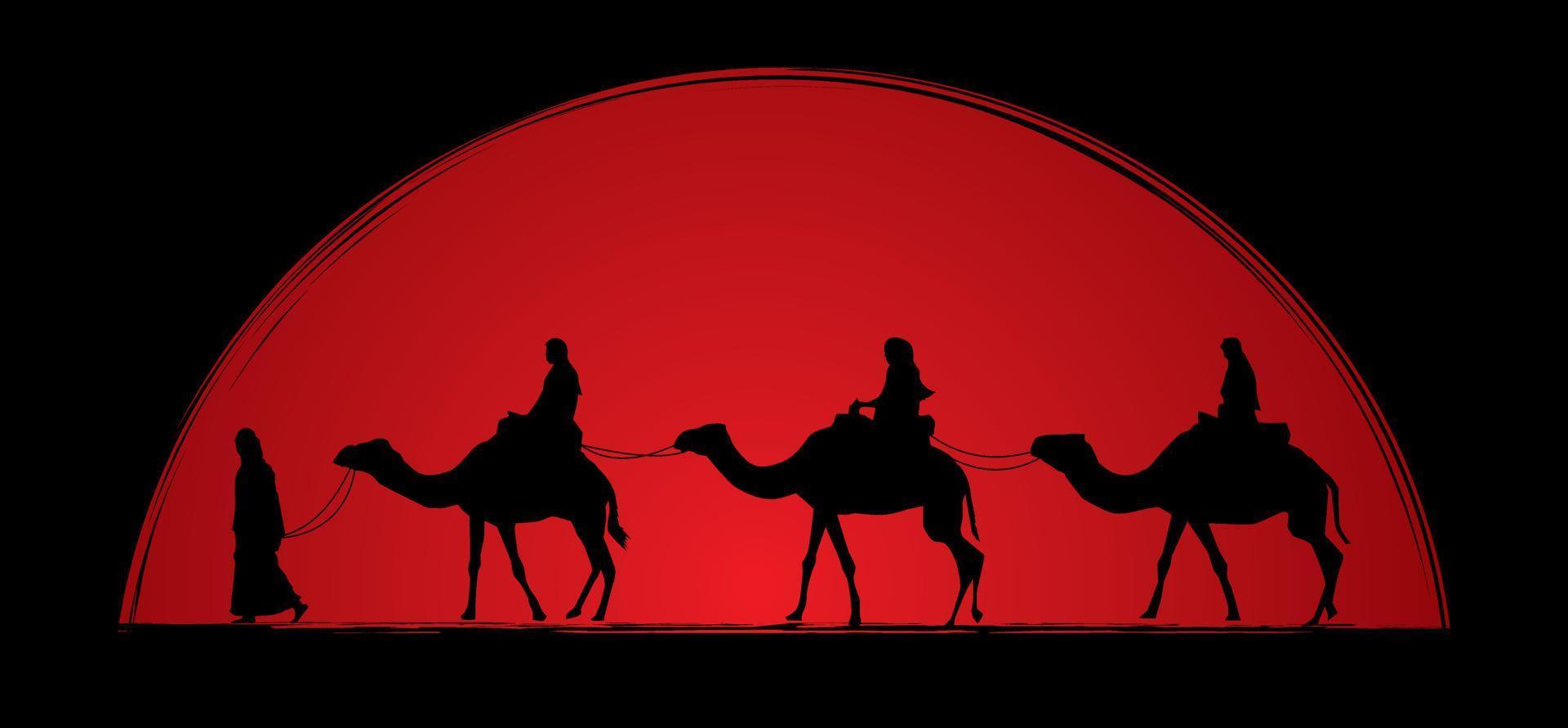 Cameleer with Camels on Sunset Background vector