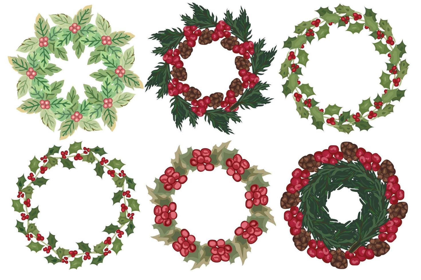 Set of Christmas wreath with winter floral elements. Vector illustration.