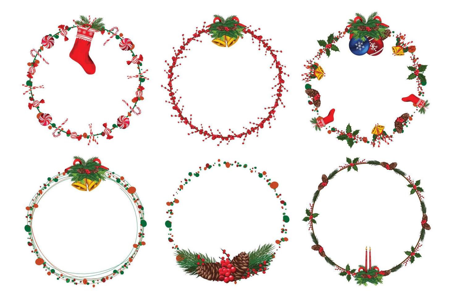 Set of christmas wreath with winter floral elements. Vector illustration.