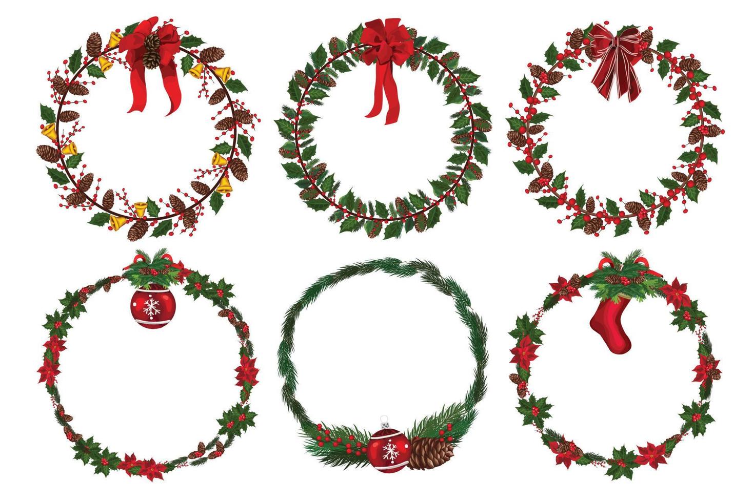 Set of christmas wreath with winter floral elements. Vector illustration.