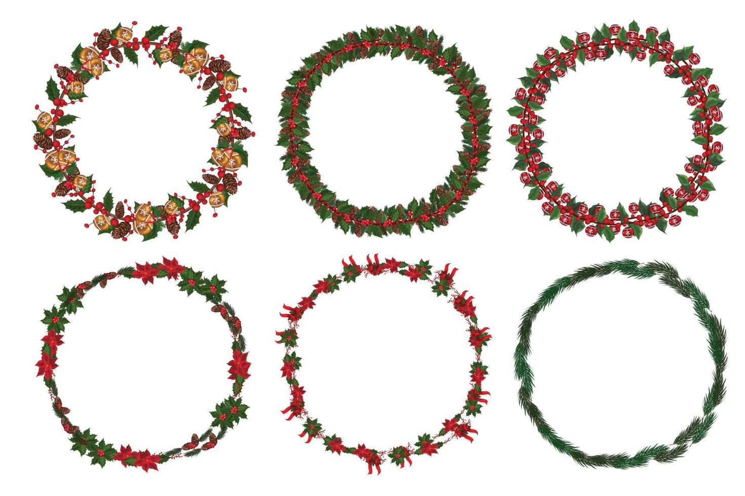 Set of christmas wreath with winter floral elements. Vector illustration.