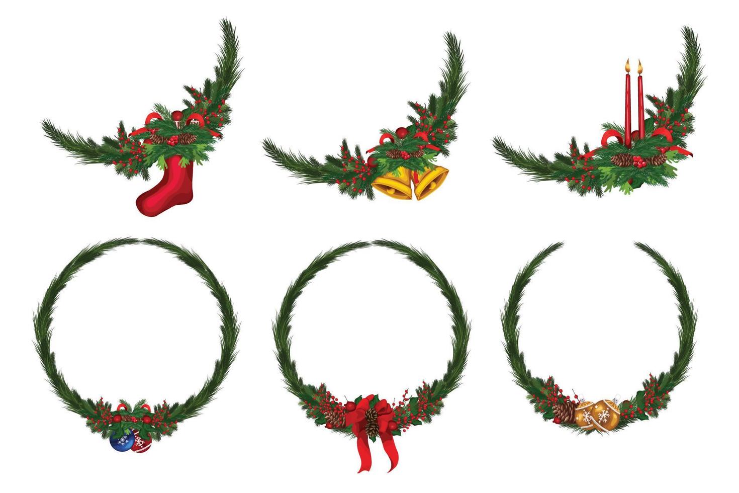 Set of christmas wreath with winter floral elements. Vector illustration.