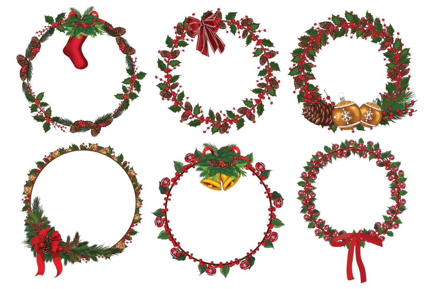 Set of christmas wreath with winter floral elements. Vector illustration.