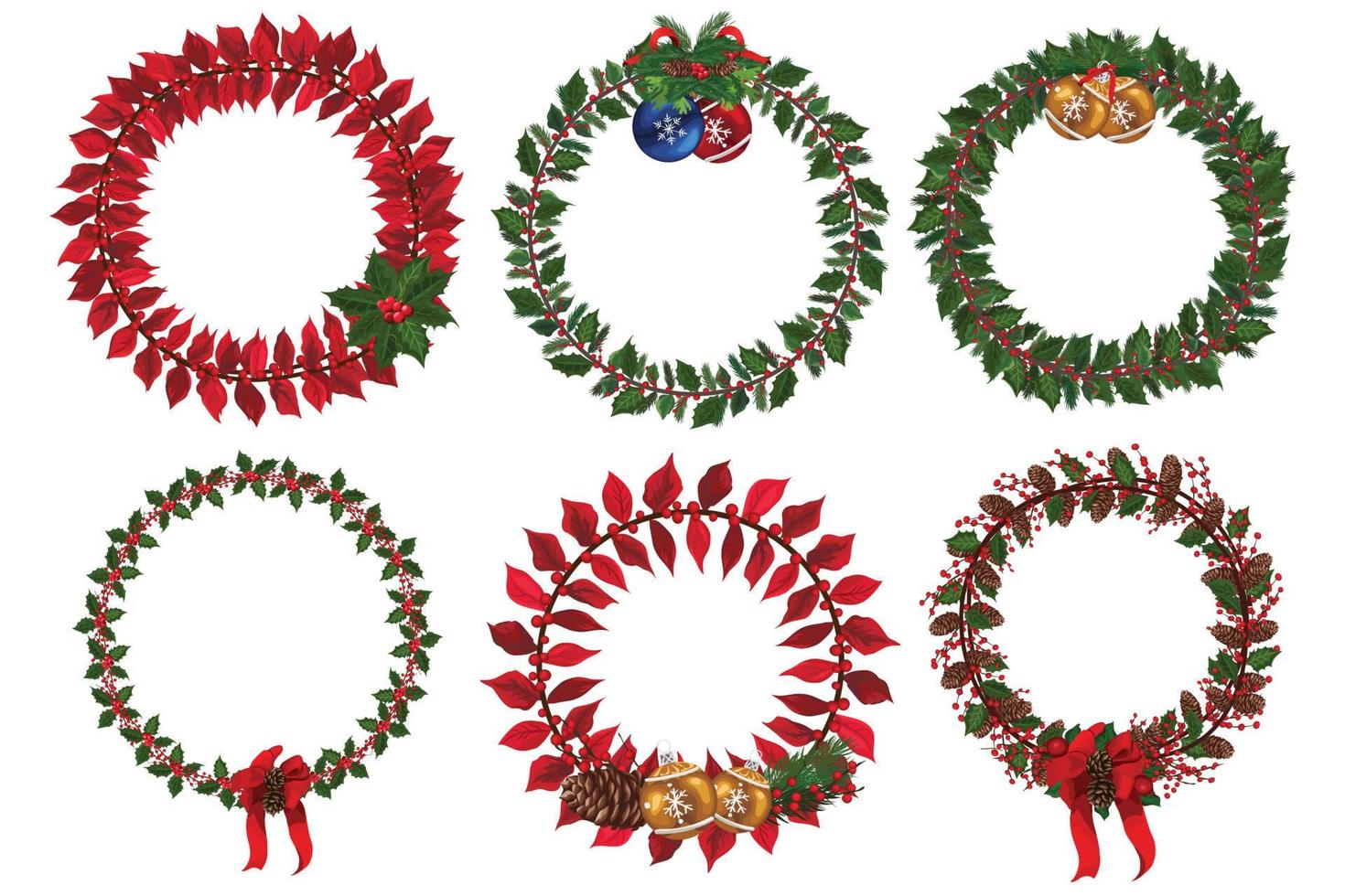 Set of christmas wreath with winter floral elements. Vector illustration.