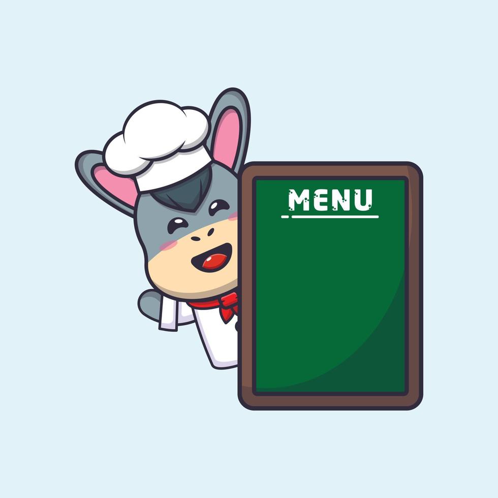 Lindo burro chef mascota personaje de dibujos animados con tablero de menú vector