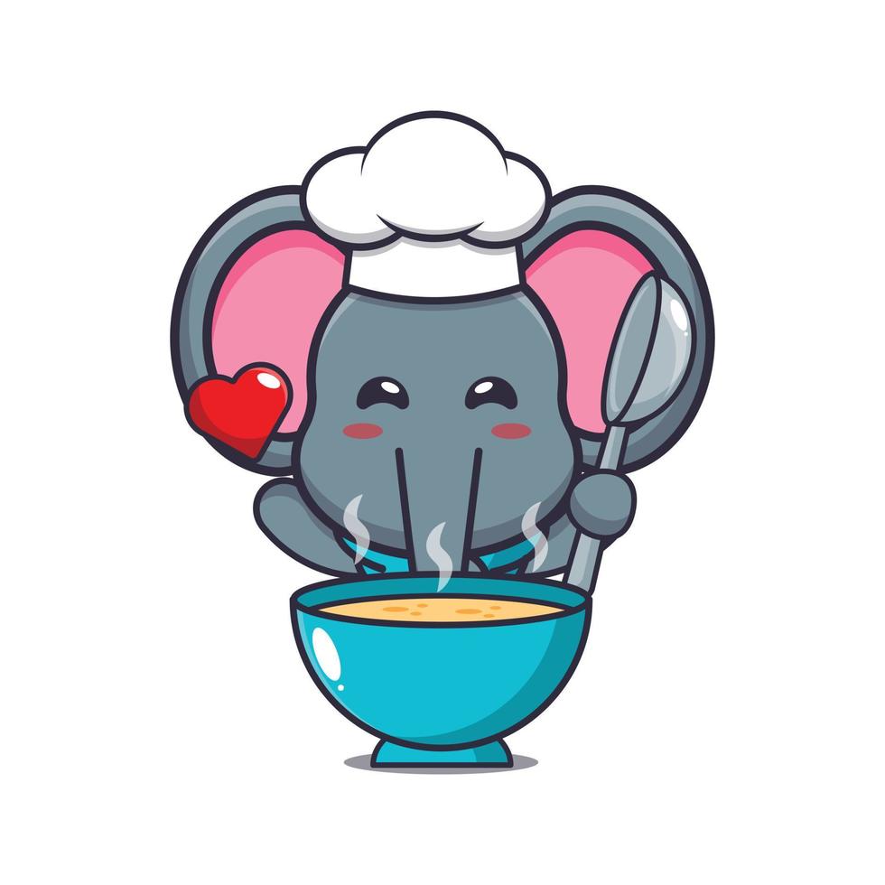 lindo elefante chef mascota personaje de dibujos animados con sopa vector