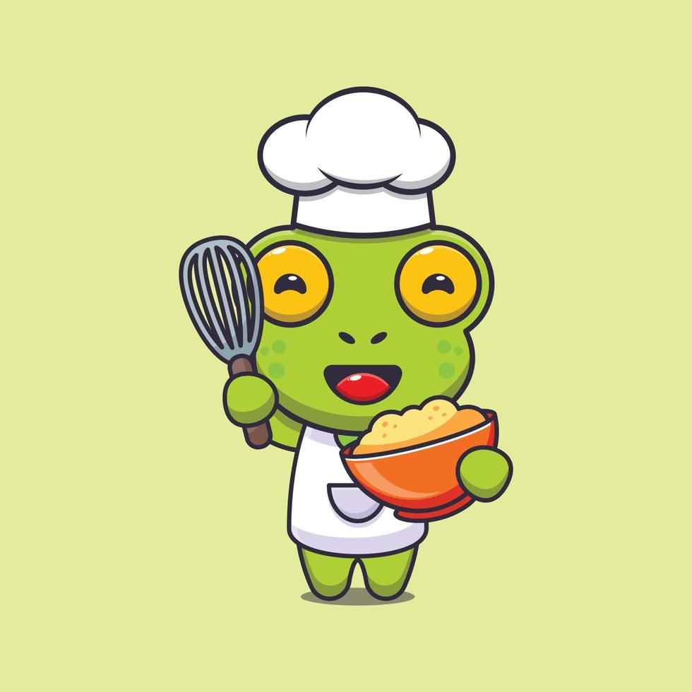 cute frog chef mascot cartoon character with cake dough vector
