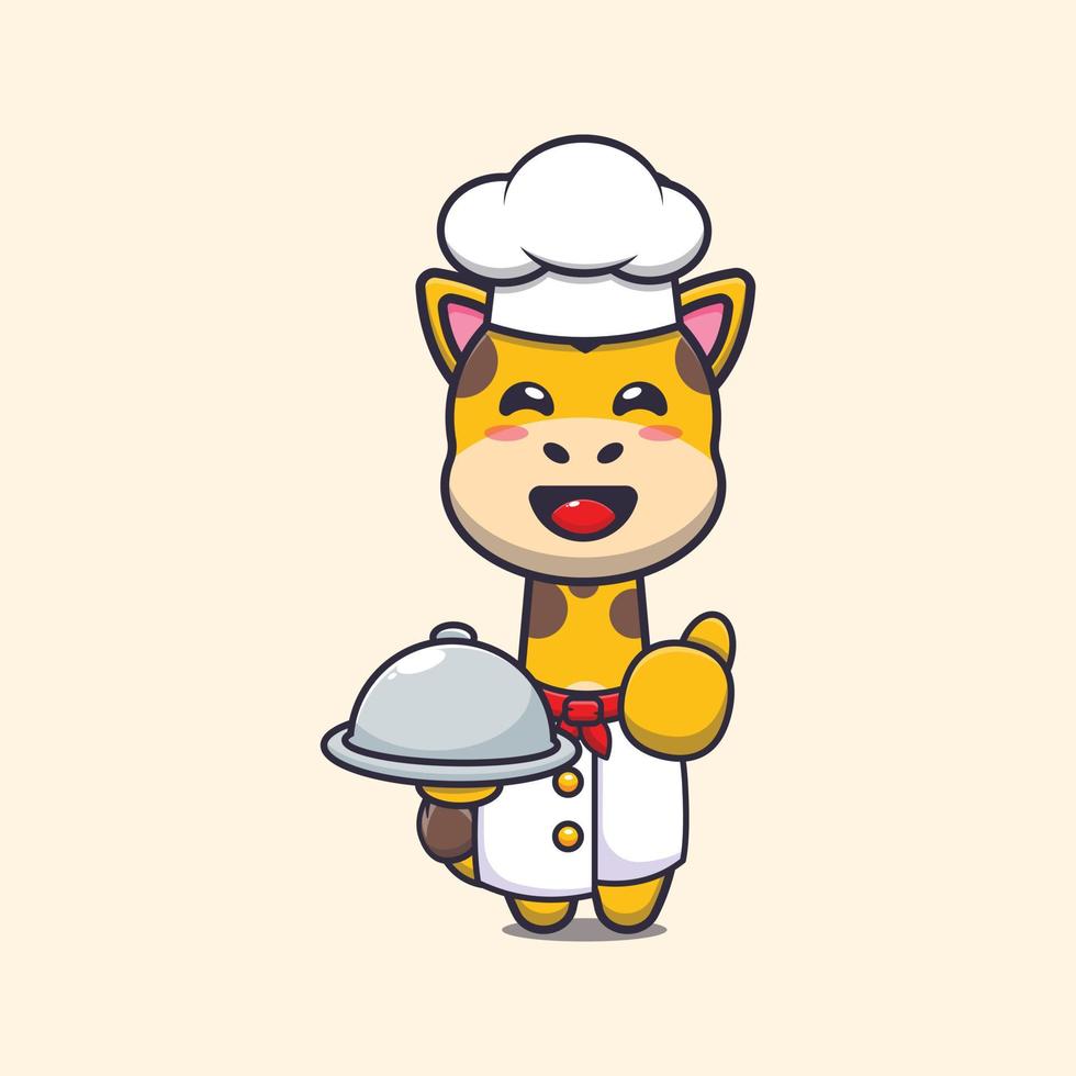 Linda jirafa chef mascota personaje de dibujos animados con plato vector