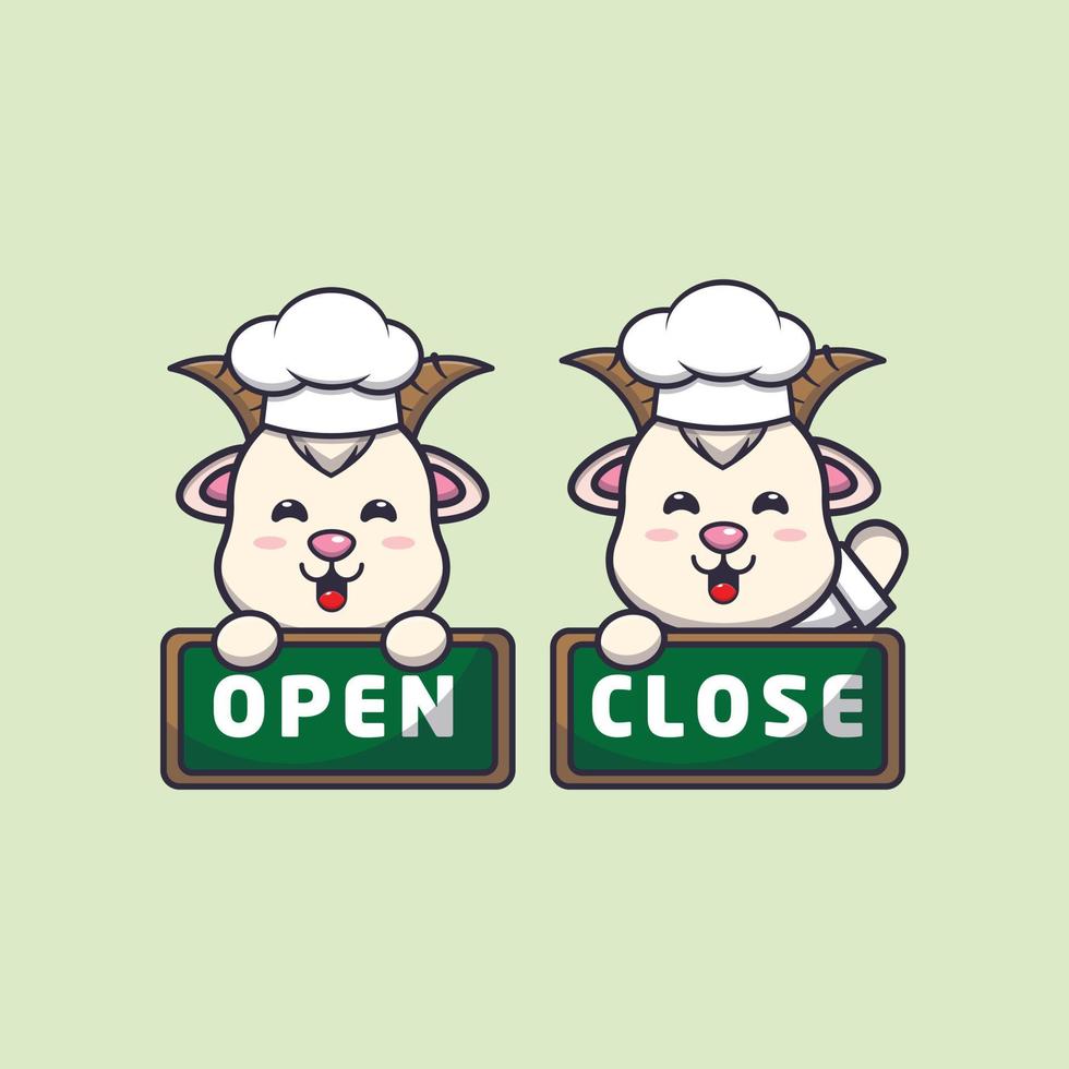 cute goat chef mascot cartoon character with open and close board vector