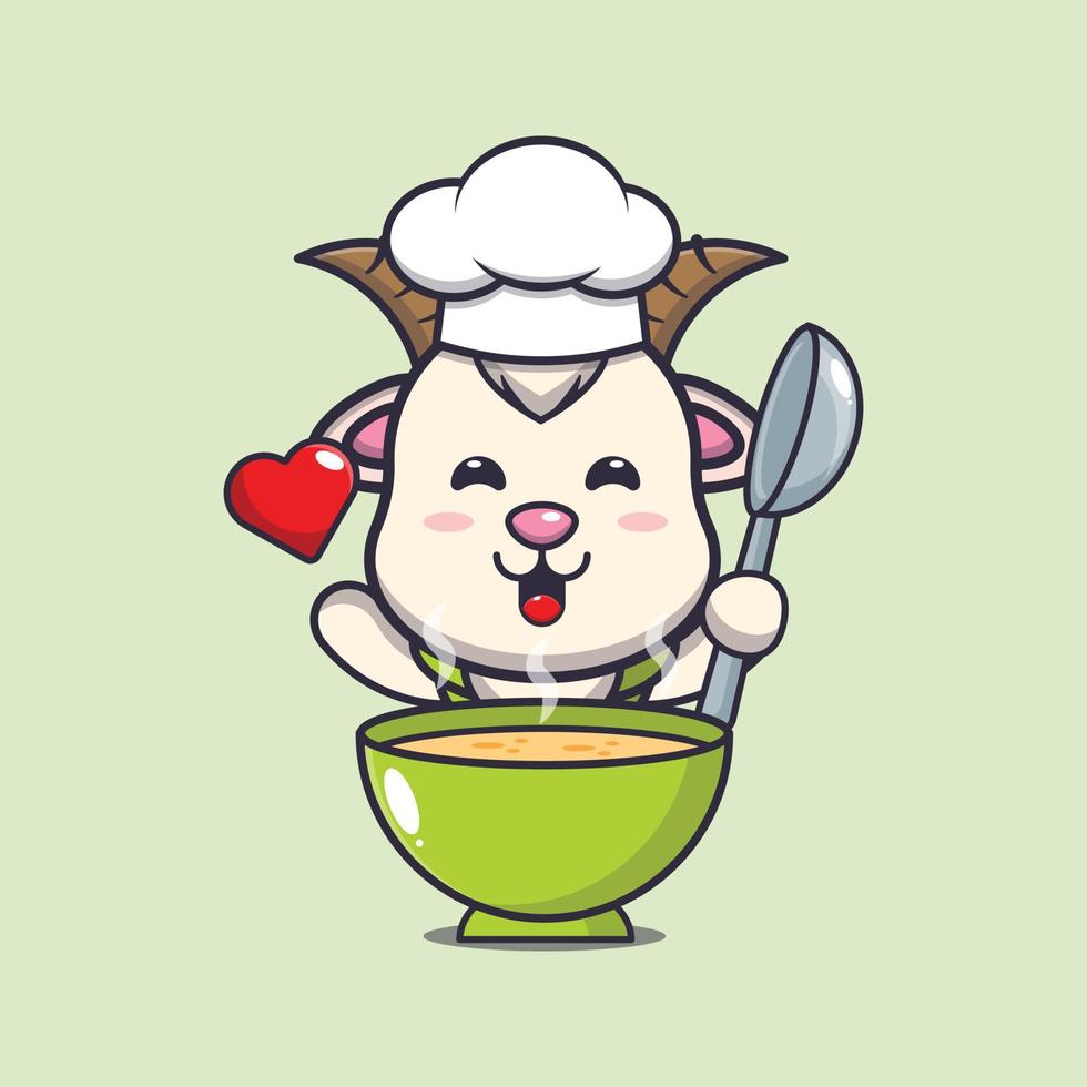 cute goat chef mascot cartoon character with soup vector