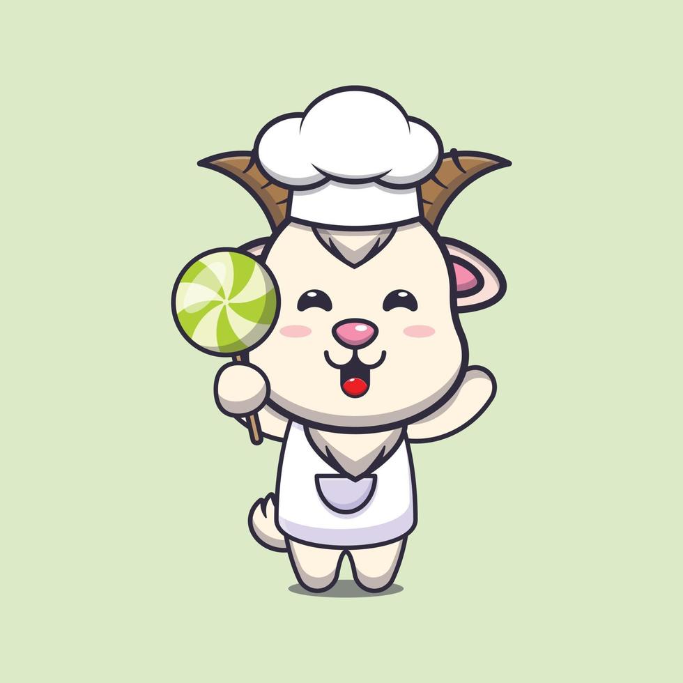 cute goat chef mascot cartoon character holding candy vector