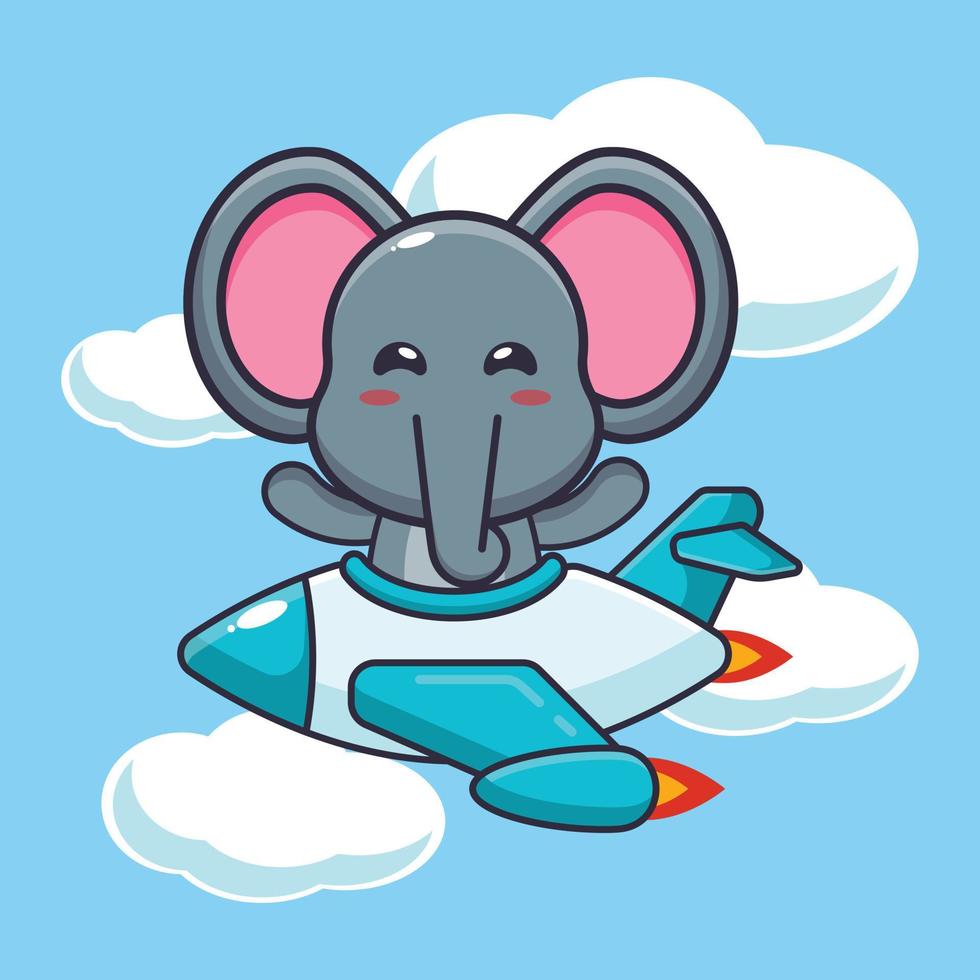 lindo elefante mascota personaje de dibujos animados paseo en avión jet vector