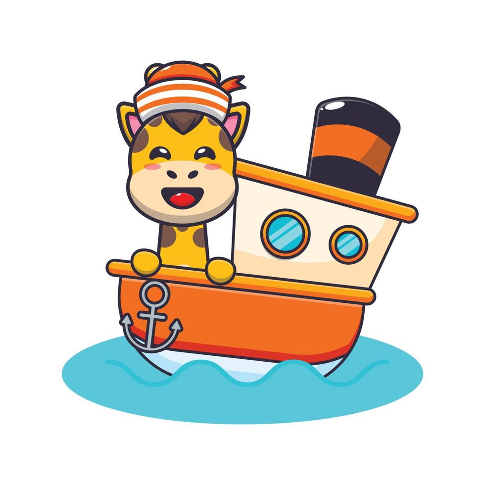 cute giraffe mascot cartoon character on the ship vector