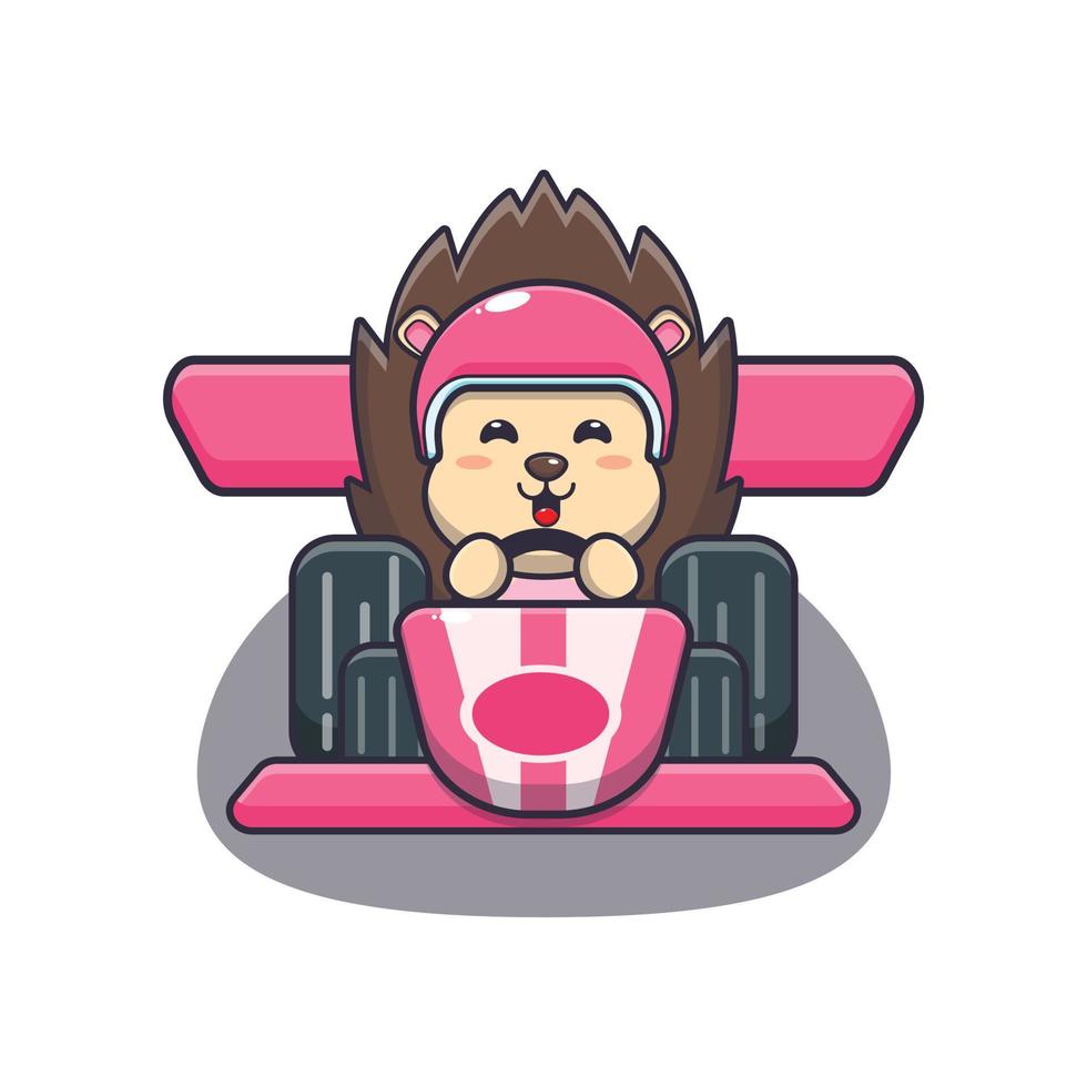 cute hedgehog mascot cartoon character riding race car vector