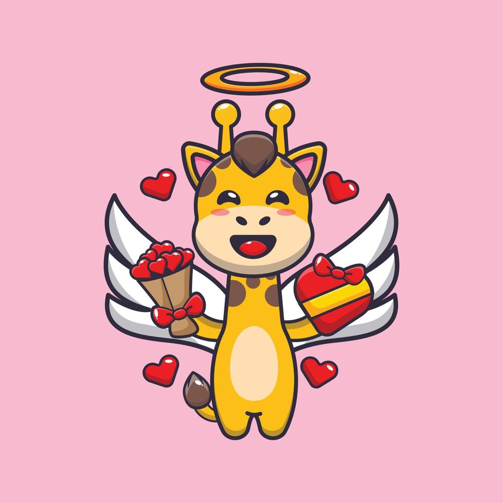 cute giraffe cupid cartoon character holding love gift and love bouquet vector