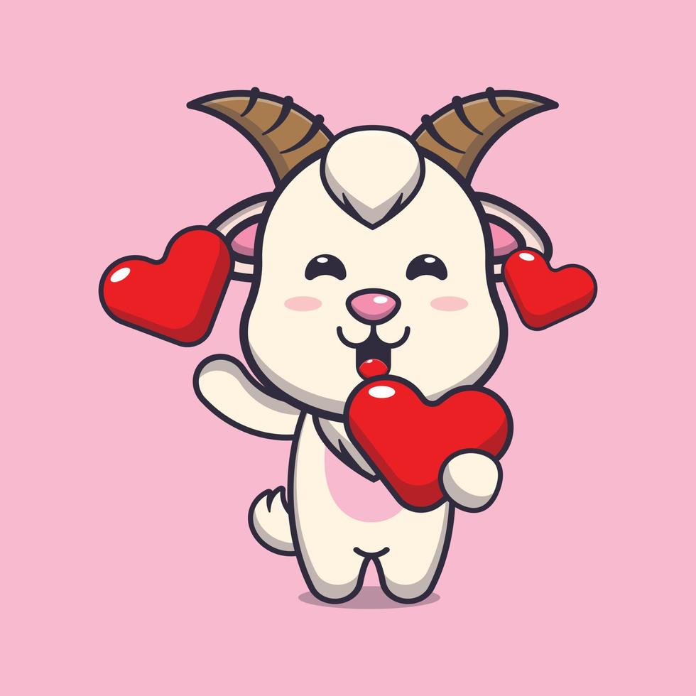 cute goat cartoon character holding love heart in valentines day vector