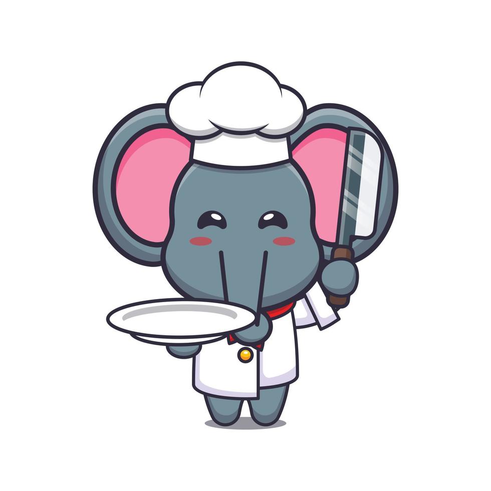 lindo personaje de dibujos animados de la mascota del chef elefante con cuchillo y plato vector